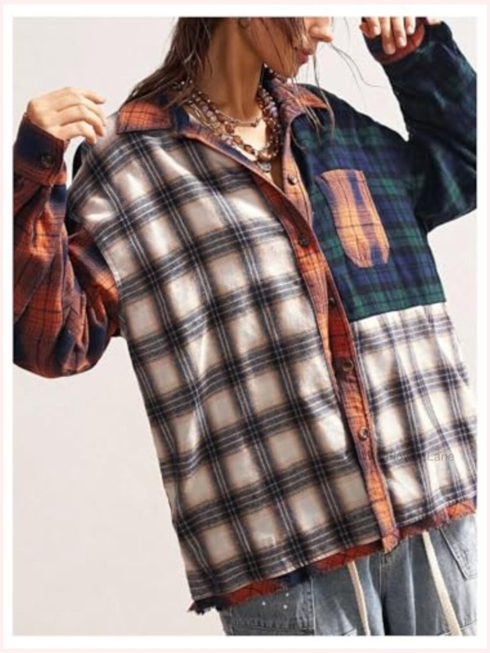 Oversized Plaid Button Down Blouse with Pockets - Picture 3 of 5